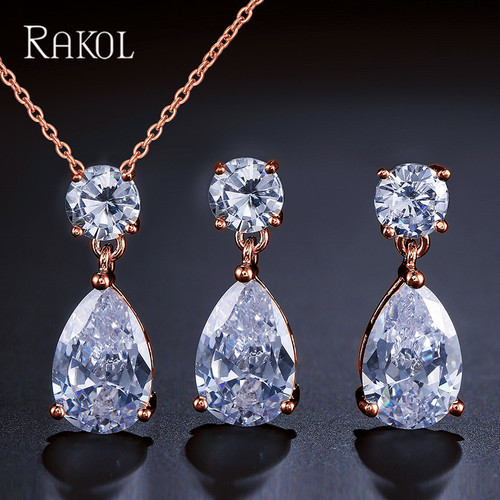 RAKOL Brand Fashion Water Drop Pendant Earrings Set with AAA Zirconia Wholesale Women's Jewelry Gift Set