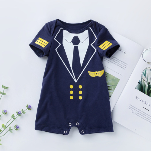 Baby's summer short-sleeve loose crawling onesie with hat, for boys, faux two-piece pilot uniform, wholesale
