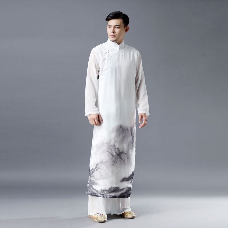 Summer New Men's Buckle Landscape Gown Chinese Style Ethnic Costume Printed Chiffon Buckle Gown Summer New Men's Buckle Landscape Gown Chinese Style Ethnic Costume Printed Chiffon Buckle Gown