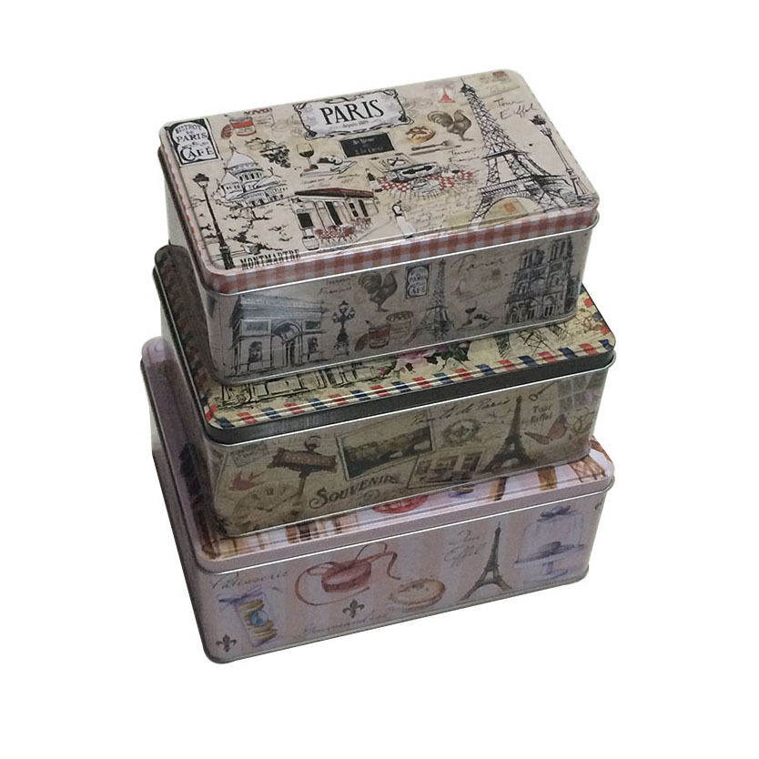 欧美热销 长方形马口铁盒三件套 大中小三件套封底铁罐