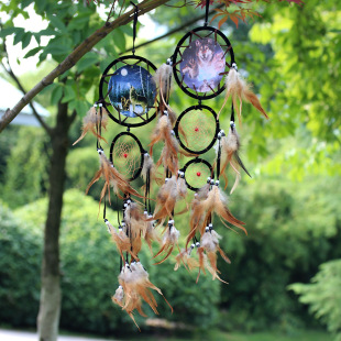 Indian Dream Catcher Wolf Head Oil Painting Dream Catcher Home Wall Decoration Wall Hanging Natural Feather Pendant Big Dream Catcher