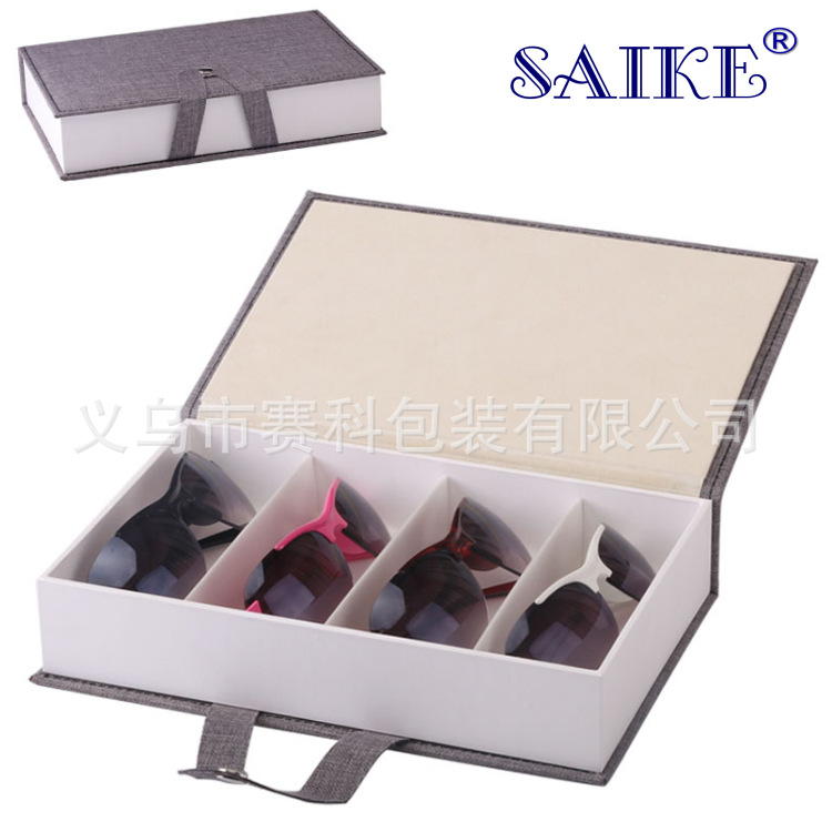 供应批发灰色便携式书形4只装眼镜收纳展示盒4位太阳镜墨镜太阳盒