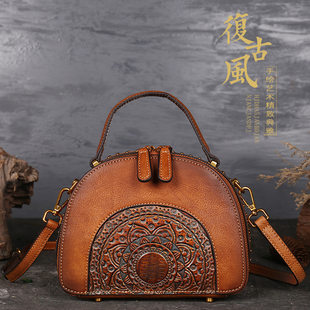 Retro ethnic leather one-shoulder bag, genuine leather, ethnic style, cowhide
