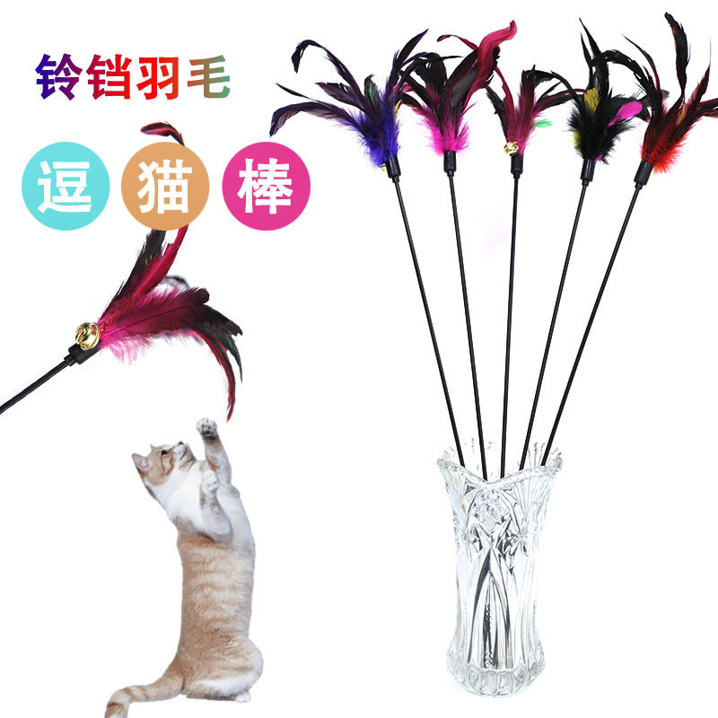 Pet toy teasing cat stick color feather band ringing plastic teasing…
