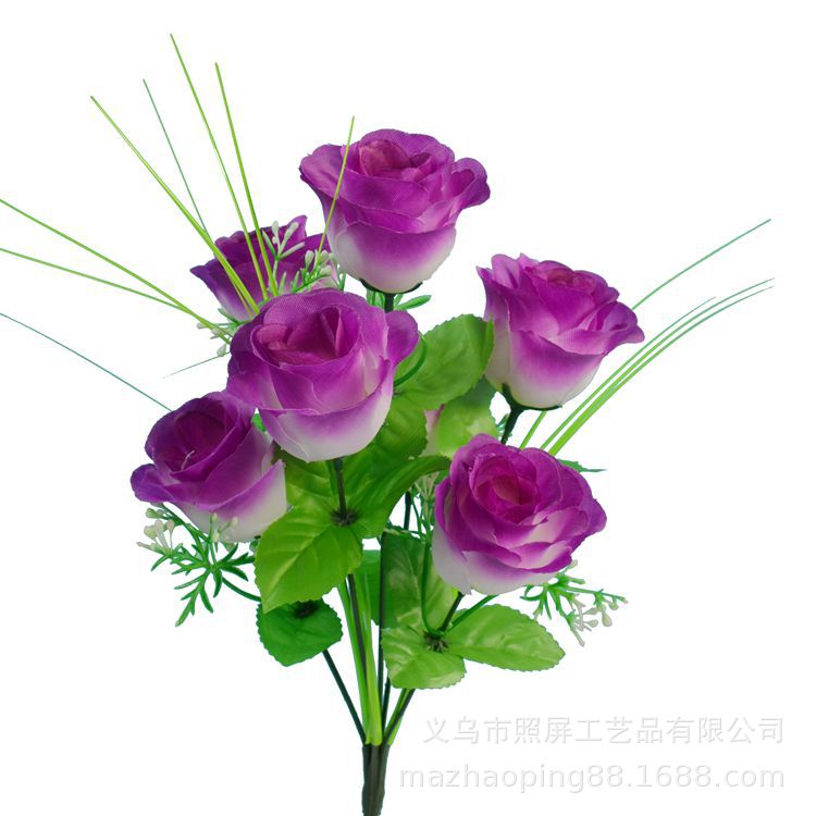 Yiwu fabricante de pantalla en stock al por mayor flor artificial 7 Artificial Rosa tela de seda 7 Pavo Real Rosa pequeña flor