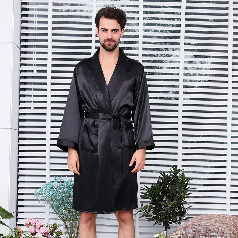 Cross-Border Bathrobe Men's Silk Nightgown Men's Summer Thin Long-Sleeved Silk Pajamas Plus Size Export Bathrobe Light and Thin Cross-Border Bathrobe Men's Silk Nightgown Men's Summer Thin Long-Sleeved Silk Pajamas Plus Size Export Bathrobe Light and Thin