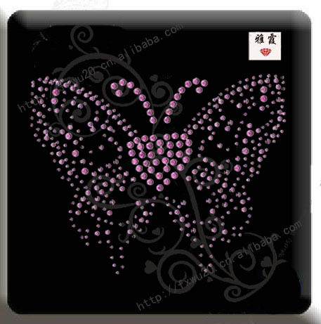 铝片烫图　铝材料烫钻　粉色八角片蝴蝶烫钻图案　烫图批发镶钻