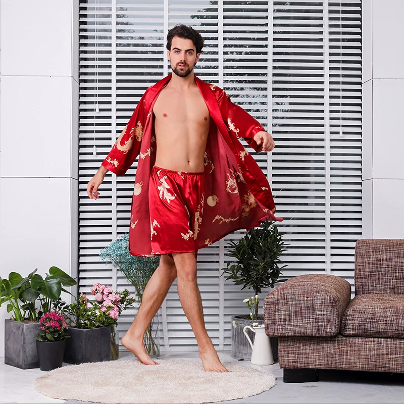 Men's bathrobe, set, long-sleeve, silk pijama, plus size