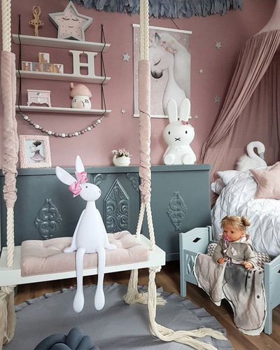 INS style children's swing hanging chair children's room decoration baby entertainment swing solid wood board sponge pad cotton rope swing