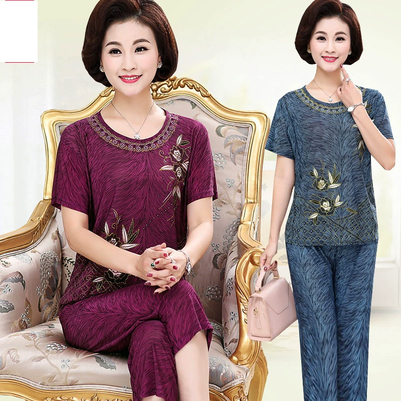 Summer set for elderly, silk trousers, for middle age, plus size
