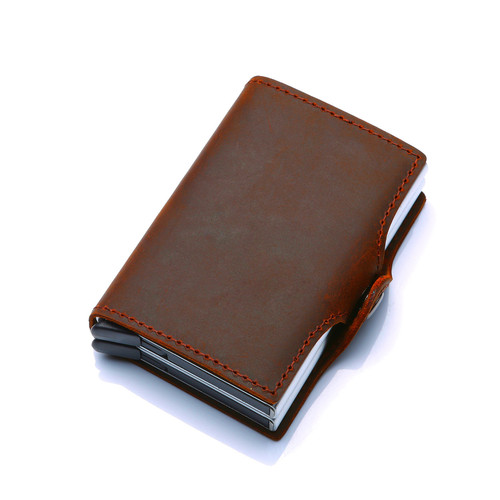 Factory distribution wholesale European and American RFID dual-box aluminum alloy elastic card holder, leather metal wallet