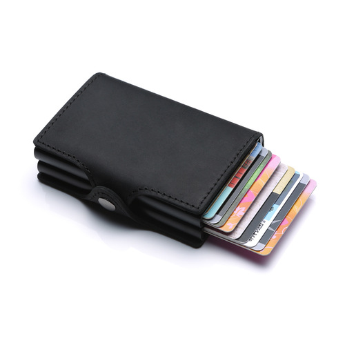 Factory distribution wholesale European and American RFID dual-box aluminum alloy elastic card holder, leather metal wallet