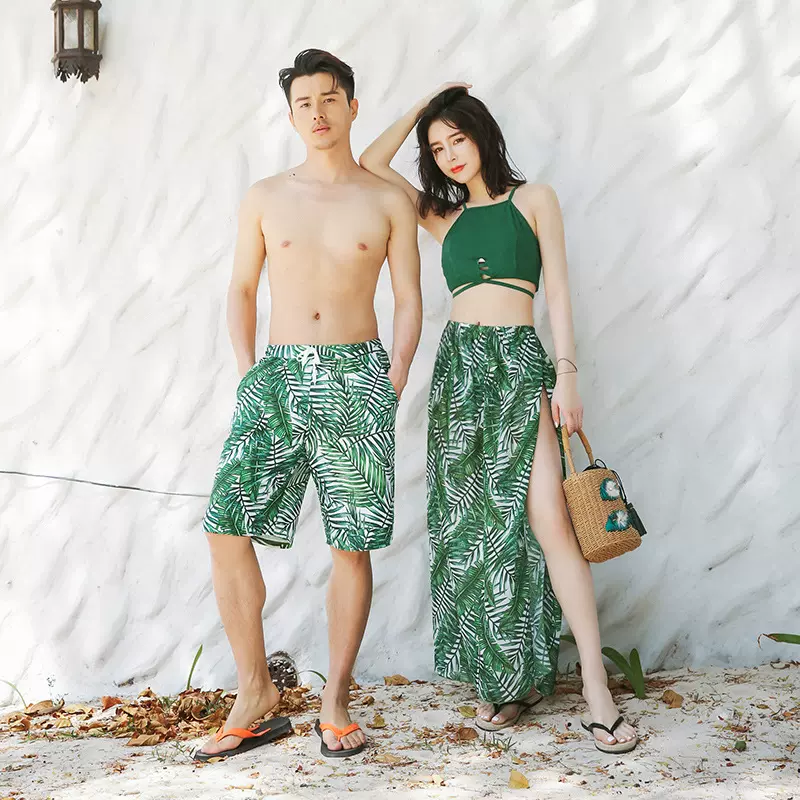 新款情侣泳衣分体三件套遮肚显瘦裤裙宽松保守防晒度假休闲泳装