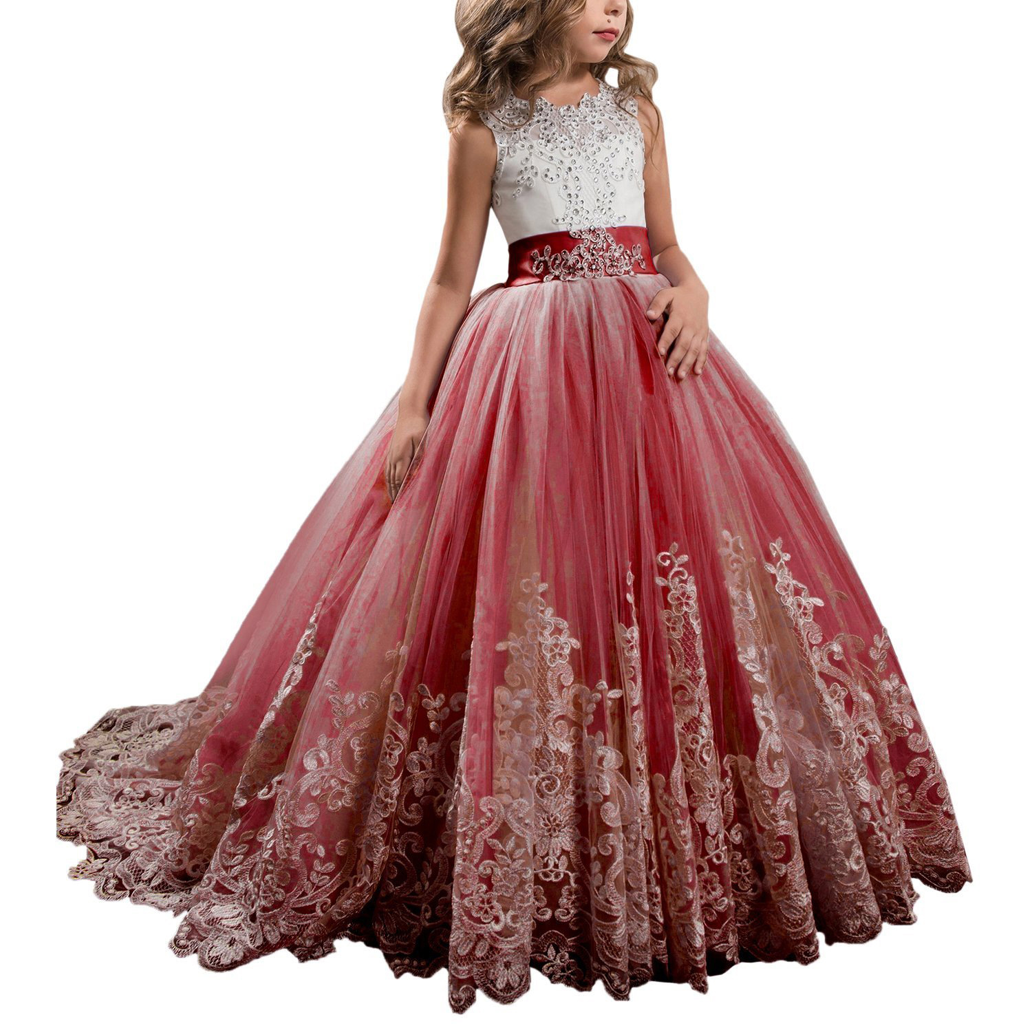 Vestidos de niña estilo princesa con encaje y malla, para fiestas de cumpleaños, damitas de honor y bodas, estilo europeo y americano.