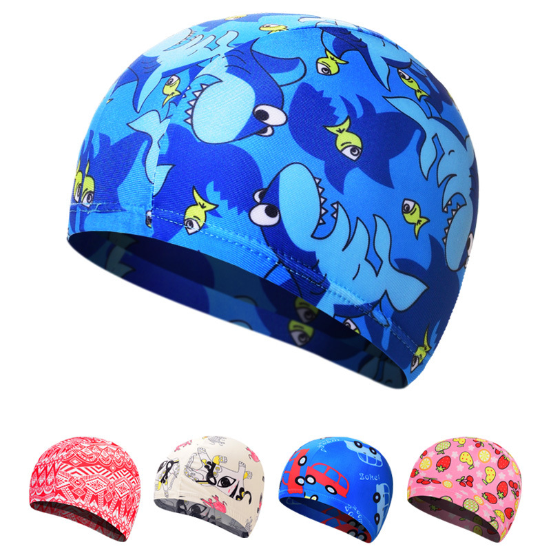 新款游泳帽男女儿童布帽子 可爱卡通图案宝宝护发布泳帽厂家直销