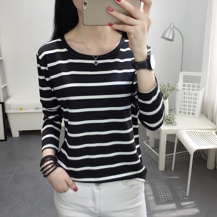 [in stock] Striped Crewneck Long-sleeved T-shirt Women's Slim Top Clothes Summer Wear Slim Bottom Shirt Women's Spring and Autumn Wear