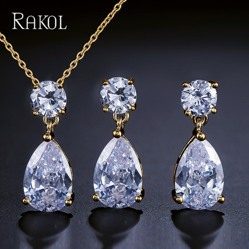 RAKOL Brand Fashion Water Drop Pendant Earrings Set with AAA Zirconia Wholesale Women's Jewelry Gift Set
