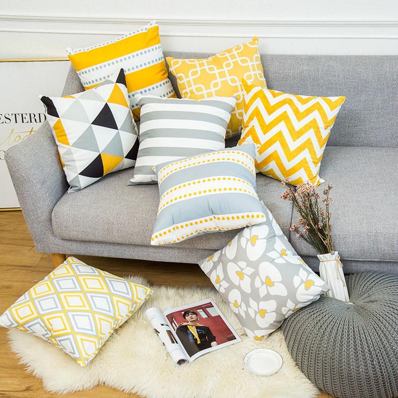 Warm yellow and gray geometric striped pillowcase pattern sofa thickened short plush simple cushion cover does not include pillowcases