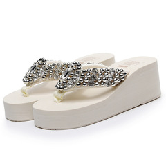 跨境水珠手工DIY涼拖 中跟彈力布防滑女鞋 wish休閒坡跟涼拖