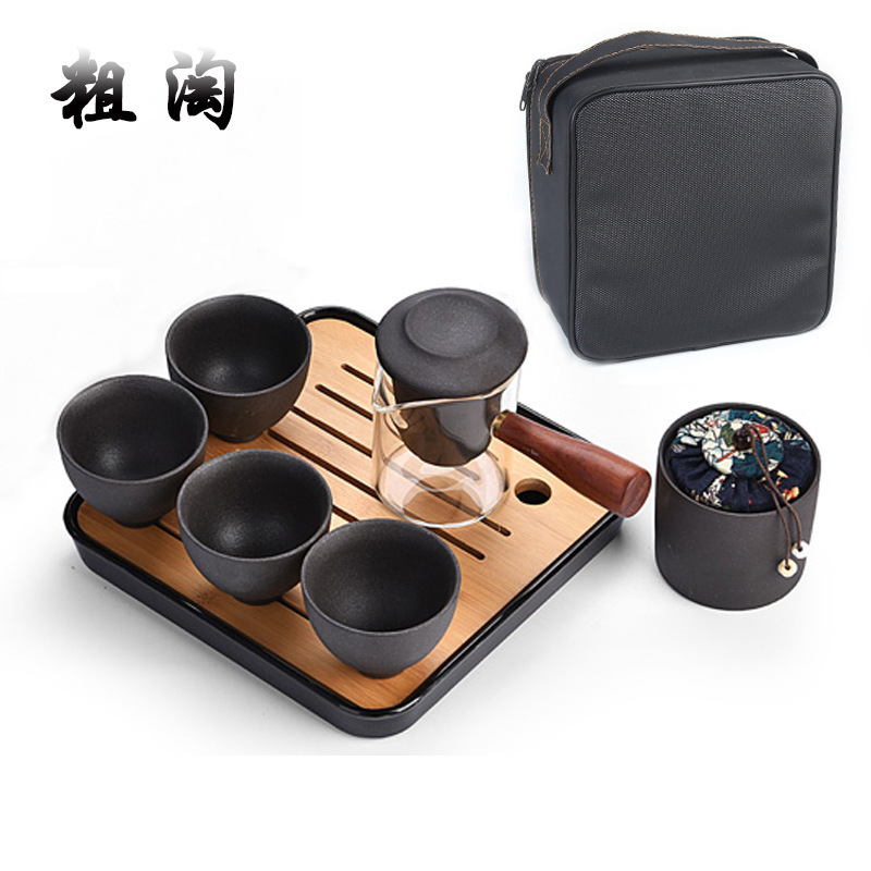 Glass Side Pot Japanese Style Vintage Gift Tea Set Stoneware Black Pottery Express Cup Travel Tea Set Brewing Black Tea