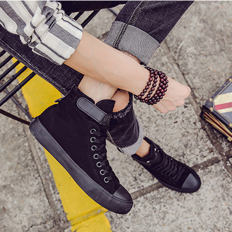 Feiyao Casual Student High-top Black Canvas Shoes White Shoes Full Black Trendy Shoes for Men and Women High State Shoes