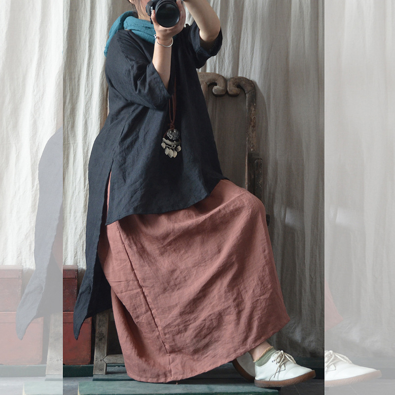 Original Vintage Artistic Plain Style Casual Mid-length Ramie Fabric Base A- line Skirt Cotton Linen Skirt Women's Summer