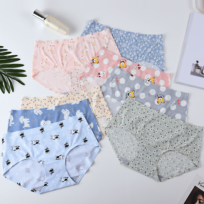 Japanese Style Girl's Sweet Ice Silk Breathable Hole Seamless Printed Mid-Low Waist Underwear Women's One-Piece Cotton Crotch Briefs Japanese Style Girl's Sweet Ice Silk Breathable Hole Seamless Printed Mid-Low Waist Underwear Women's One-Piece Cotton Crotch Briefs