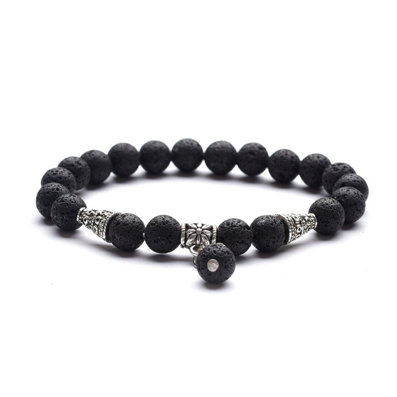 8mm Round Bead Stone Lansong Volcanic Stone White Pine Bracelet Cone Alloy Pendant Couple Friendship Distance Bracelet