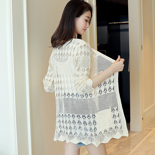 2025 Thin Version Korean Spring New Openwork Loose Knit Cardigan Women's Outerwear Air Conditioning Shirt Sun Protection Medium Length Women's Clothing