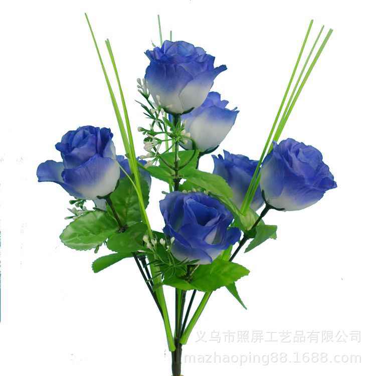 Yiwu fabricante de pantalla en stock al por mayor flor artificial 7 Artificial Rosa tela de seda 7 Pavo Real Rosa pequeña flor