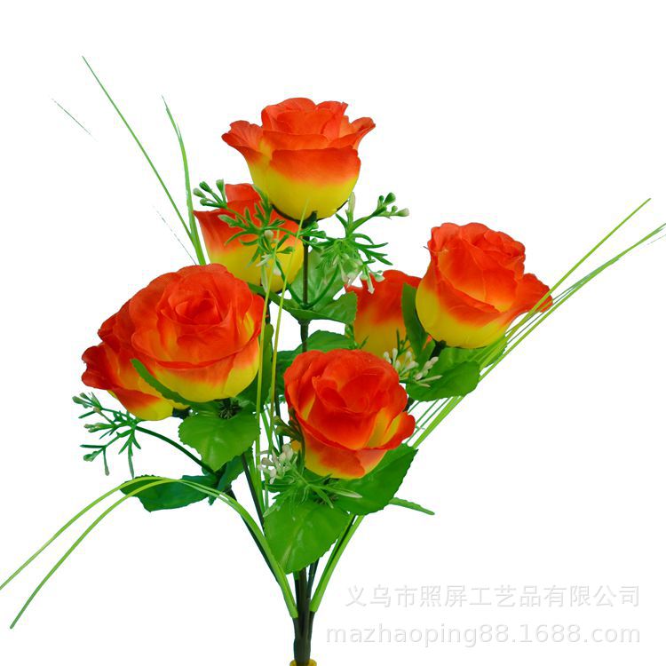 Yiwu fabricante de pantalla en stock al por mayor flor artificial 7 Artificial Rosa tela de seda 7 Pavo Real Rosa pequeña flor