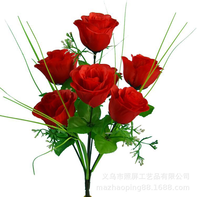 Yiwu fabricante de pantalla en stock al por mayor flor artificial 7 Artificial Rosa tela de seda 7 Pavo Real Rosa pequeña flor