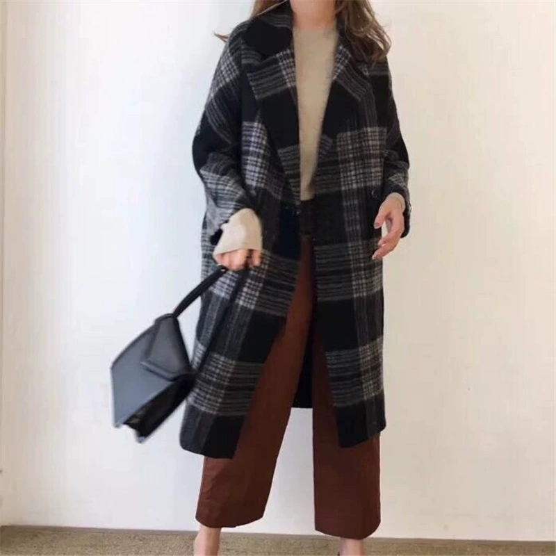 Женское двубортное шерстяное плюшевое пальто в клетку из мохера Dongdaemun, с рукавами из девяти точек, с коконом