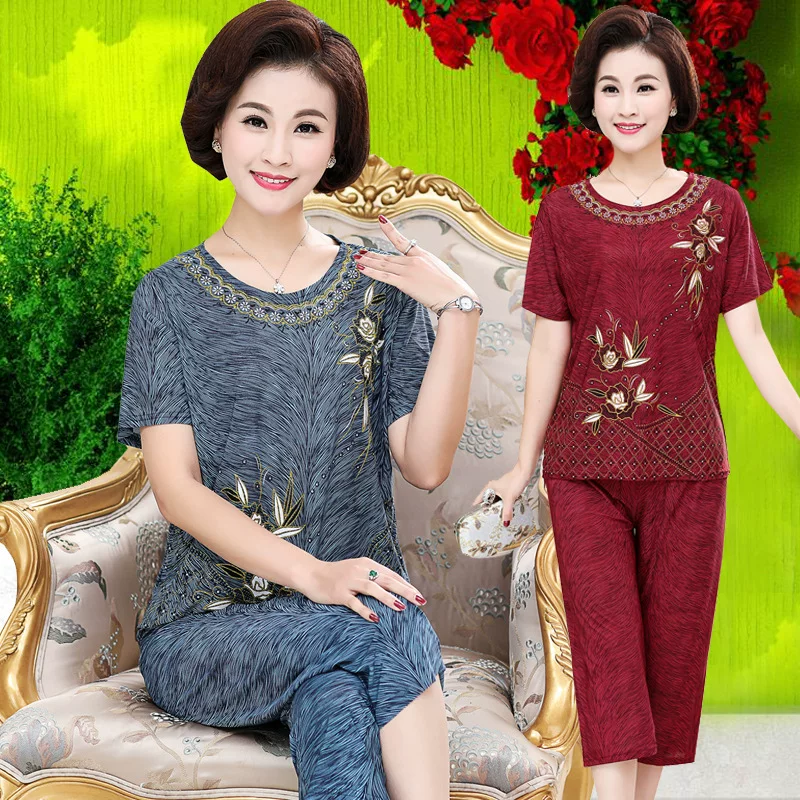 Summer set for elderly, silk trousers, for middle age, plus size