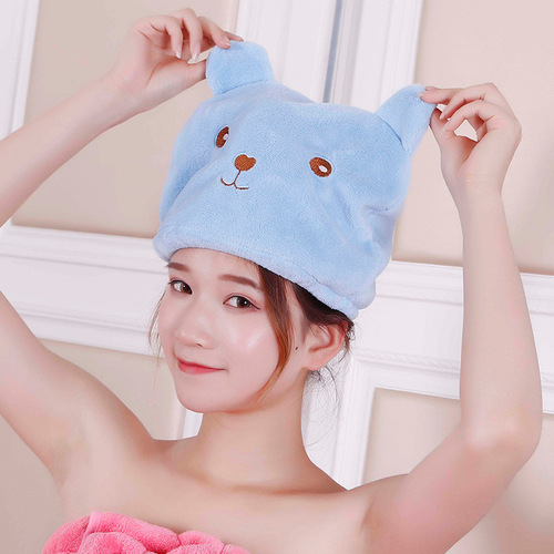 Cartoon bear thickened coral velvet dry hair cap, fine fiber absorbent turban to wipe hair, shower cap manufacturer wholesale