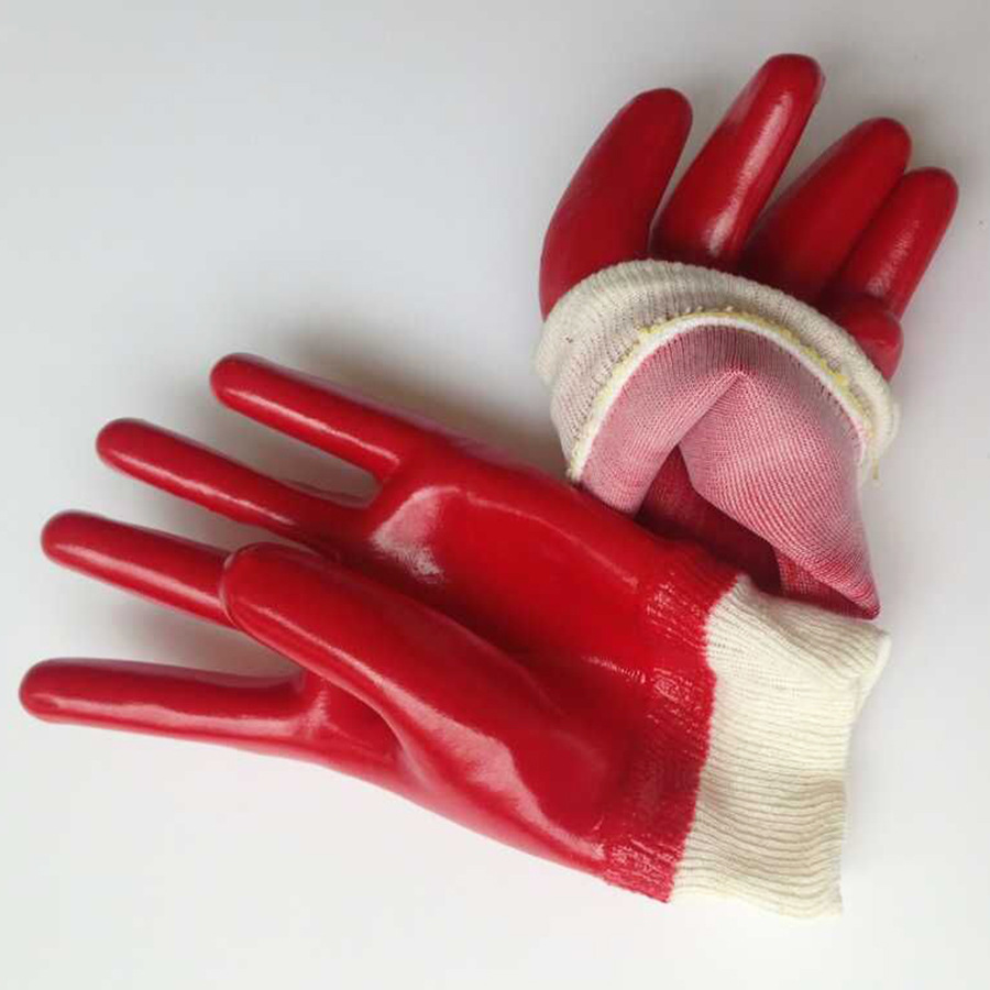 涤纶针织袖口油管手部防护用品红罗口加厚耐酸碱PVC红耐油 手套