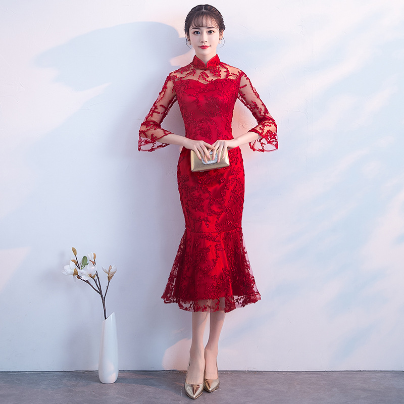 2026 New Style Chinese-Style Fishtail Red Bridal Wedding Dress for Women, Mid-Length