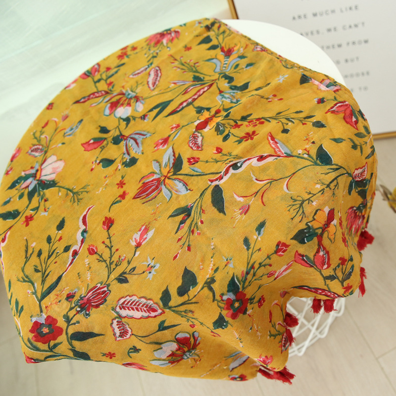 Verano nuevo playa viaje protector solar chal playa toalla vintage estilo étnico amarillo floral algodón y lino bufanda de seda