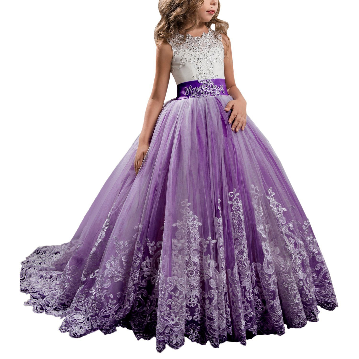 Vestidos de niña estilo princesa con encaje y malla, para fiestas de cumpleaños, damitas de honor y bodas, estilo europeo y americano.