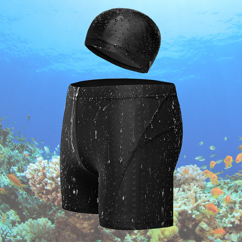 New Men's Swimming Trunks Shark Skin Waterproof Swimming Pants with Swimming Cap Flat Angle Plus Size Hot Spring Swimsuit