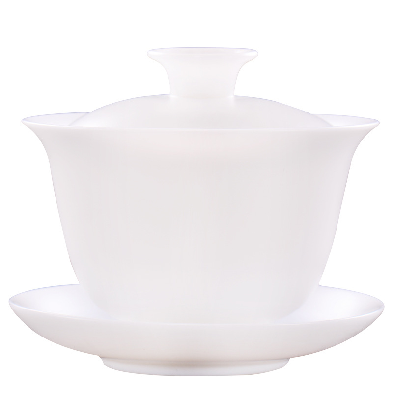 Winjiang Dehua hecho a mano de porcelana blanca de tres piezas Cuenco de la cubierta de la grasa de las ovejas de jade de porcelana Fina rueda redonda de fusión de té de Kung Fu tazón de té de la boda solo Tazón