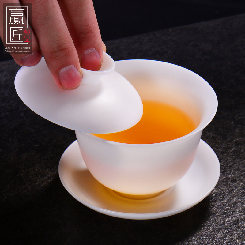 Winjiang Dehua hecho a mano de porcelana blanca de tres piezas Cuenco de la cubierta de la grasa de las ovejas de jade de porcelana Fina rueda redonda de fusión de té de Kung Fu tazón de té de la boda solo Tazón