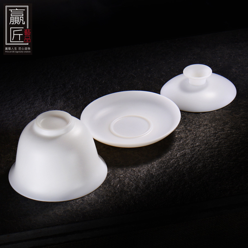 Winjiang Dehua hecho a mano de porcelana blanca de tres piezas Cuenco de la cubierta de la grasa de las ovejas de jade de porcelana Fina rueda redonda de fusión de té de Kung Fu tazón de té de la boda solo Tazón