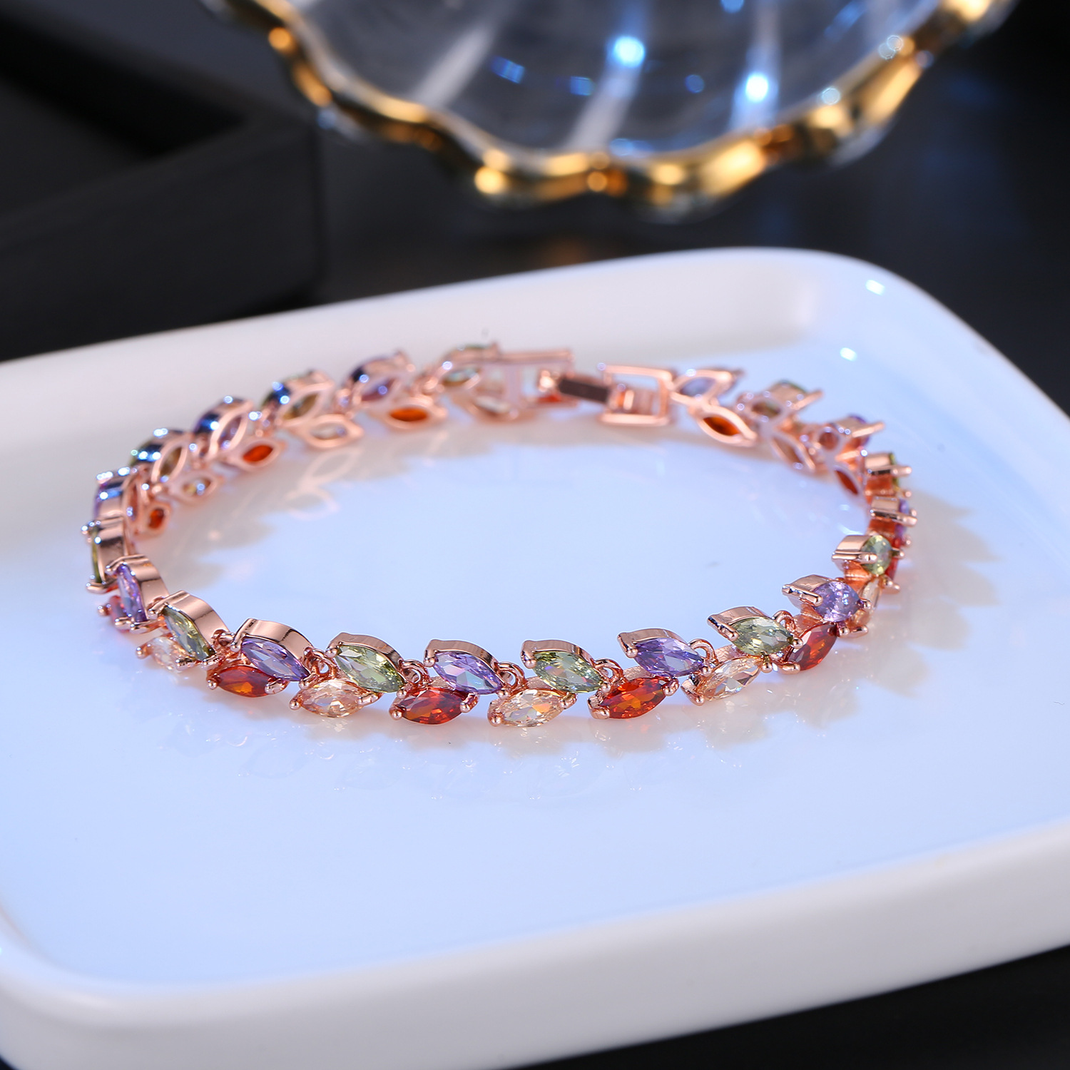 Rainbow Zircon Bracelet Seven Color Rice Grain Design With Forget Me Not Elements Jewelry_voghion.com