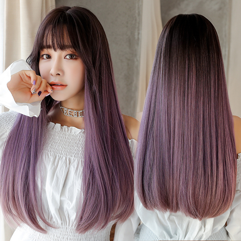 New ladies wig Korean fashion realistic hair long straight hair wig jiafa chemical fiber head cover spot wholesale