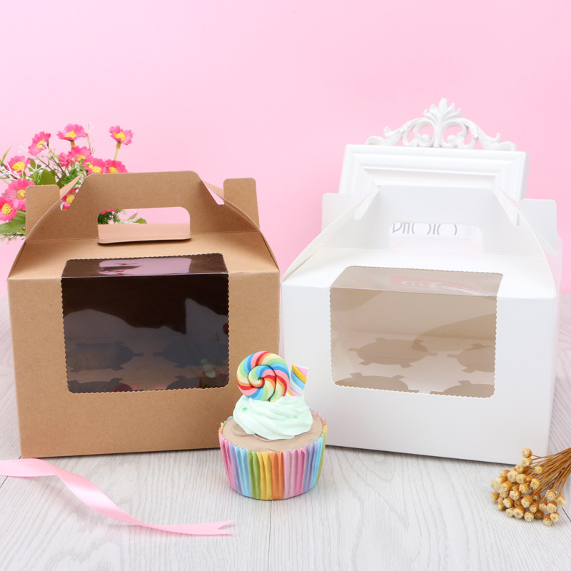 厂家批发4粒 4格手提马芬纸杯子蛋糕盒饼干盒布丁瓶慕斯木糠杯