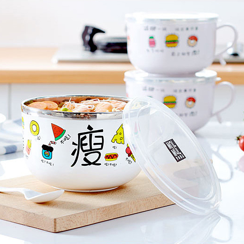 Anti-escaldadura vajilla coreano patrón de dibujos animados aislado tazón de fideos instantáneos con tapa de acero inoxidable redondo fresco de gran capacidad caja de almuerzo