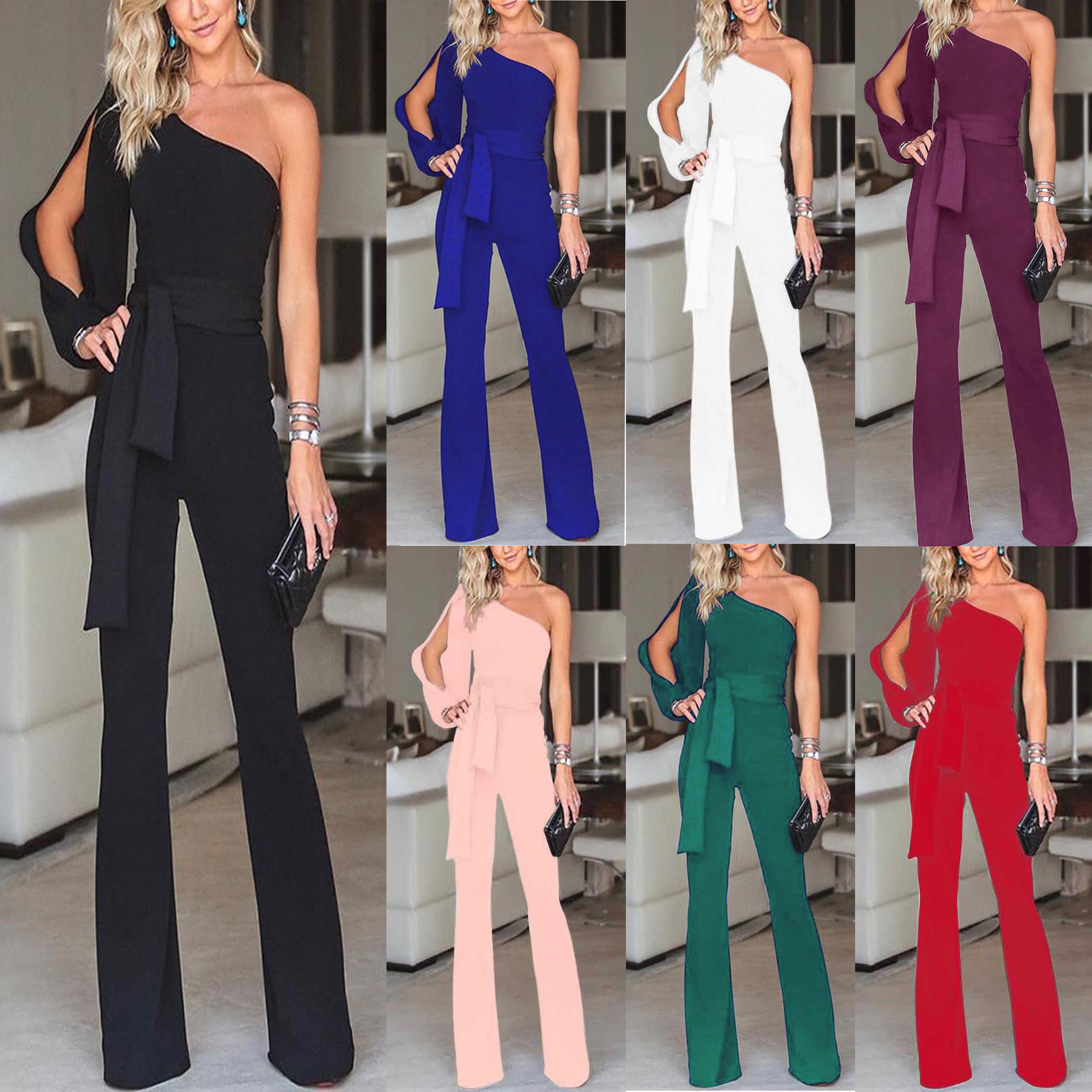 2026 Spring Cross-Border Hot Item Amazon New Women's One-Shoulder High-Waist Tie Solid Color Slim Fit Sexy Jumpsuit