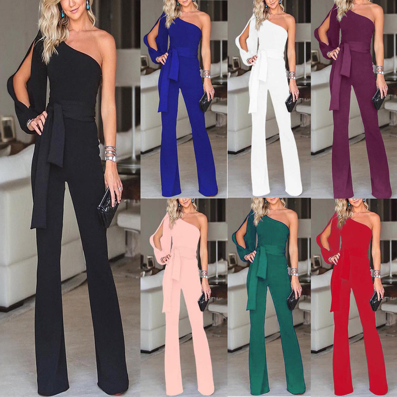 2026 Spring Cross-Border Hot Item Amazon New Women's One-Shoulder High-Waist Tie Solid Color Slim Fit Sexy Jumpsuit 2026 Spring Cross-Border Hot Item Amazon New Women's One-Shoulder High-Waist Tie Solid Color Slim Fit Sexy Jumpsuit