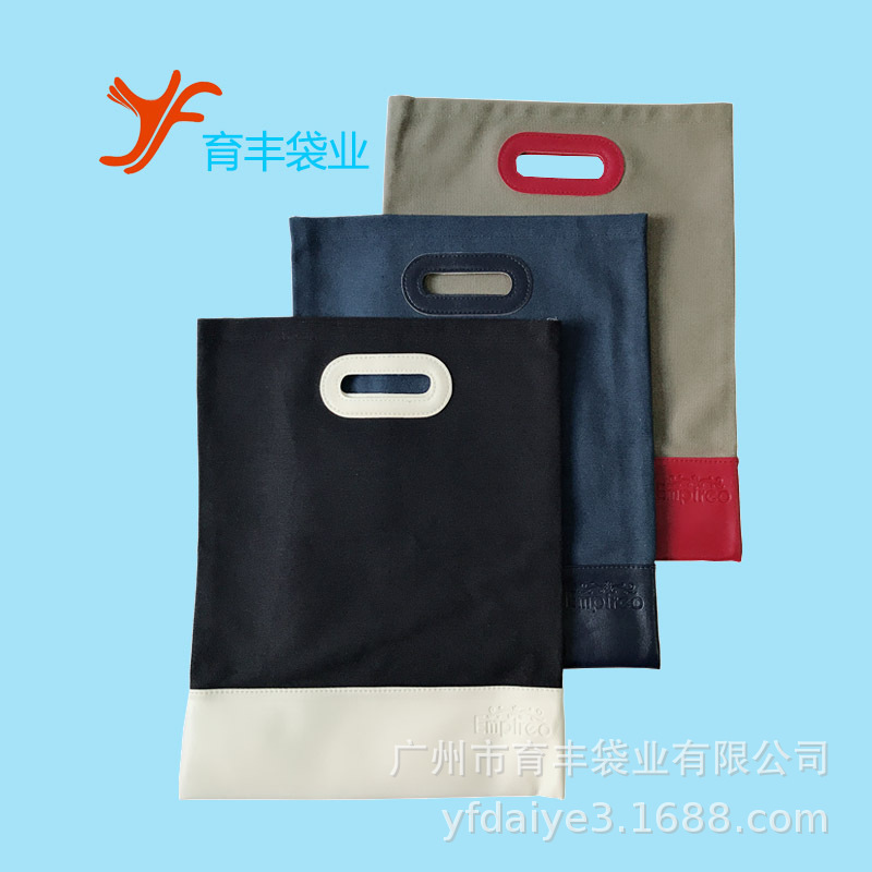 pu帆布袋厂家  20安加厚pu皮拼接帆布手提购物袋 双面丝印logo